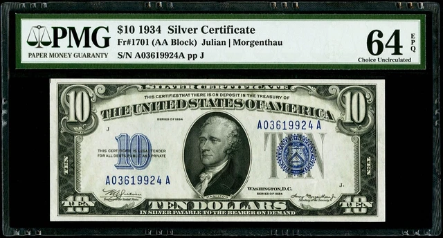 $10 1934 Silver Certificate Fr#1701 (AA Block) PMG 64 EPQ Choice Uncirculated
