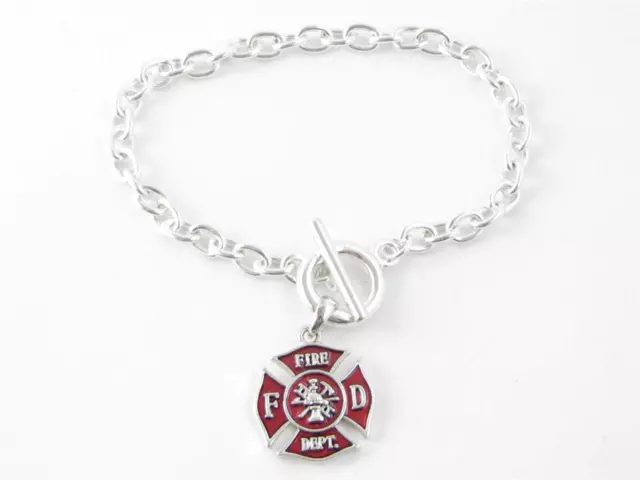 Fireman Small Red Maltese Cross Silver Toggle Bracelet Firefighter Fire Gift