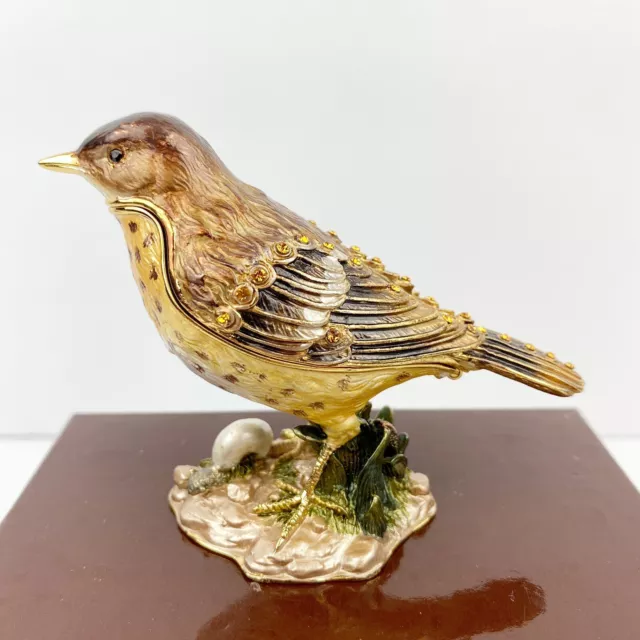 Vintage Bejeweled Brown Thrasher Bird Trinket Box Beach Enameled Magnetic Hinged