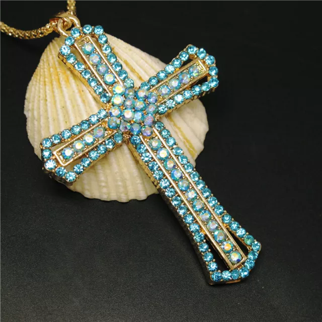 New Betsey Johnson  Blue Bling Angel Prayer Cross Crystal Pendant Women Necklace