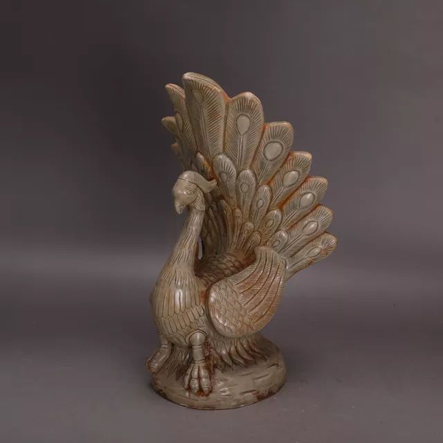 10.7" Collect Chinese Song Porcelain Yue Kiln Carving Peacock Peafowl Statue