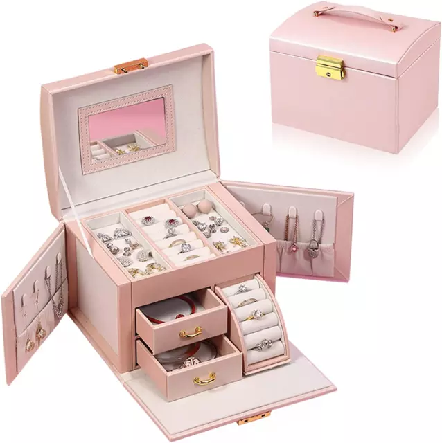 Jewelry Organizer Box Large-Capacity Storage 3 Layer with Mirror and Lockable...
