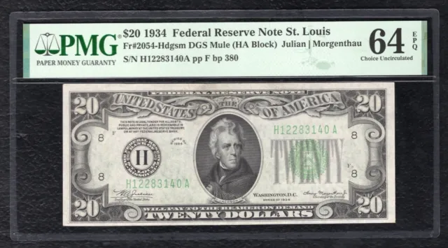FR. 2054-Hdgsm 1934 $20 FRN FEDERAL RESERVE NOTE ST. LOUIS, MO PMG UNC-64EPQ (C)