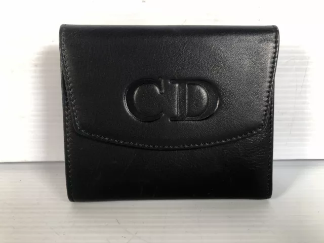 Christian Dior Paris Womens Tri-Fold Wallet Black Leather CD Logo Red Lining COA