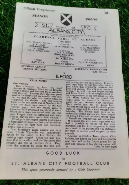 St Albans City v Ilford Isthmian Snr Lge Football Programme 15/01/66