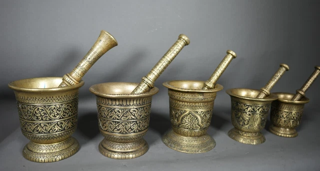 Super Rare Damascene Turkish Set of Five Ornamented Apothecary Pestles Mortars