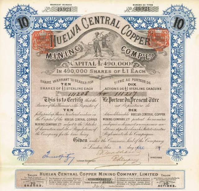 SPAIN HUELVA CENTRAL COPPER stock certificate 1901 10SH