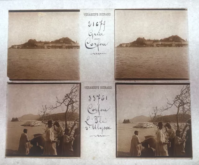 CORFOU GRECE 1890 2 PLAQUES VERASCOPE RICHARD 45x107 VUES STEREOSCOPIQUES