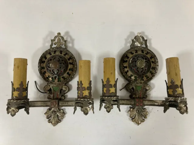 Pair 1920s French Gothic Revival Wall Sconces Brass Oscar Bach Style