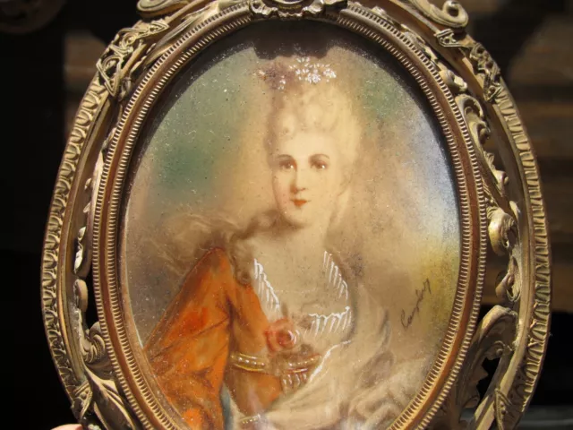 Antique Handpainted Lady Portrait in Bronze/Gold Filigree Frame - Signed, Pretty