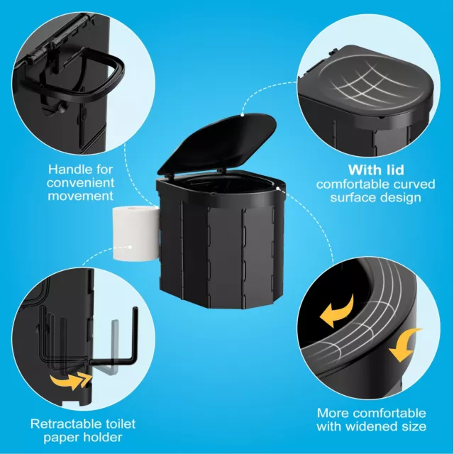 Folding Portable Camping Toilet with Lid and Toilet Paper Holder, Black