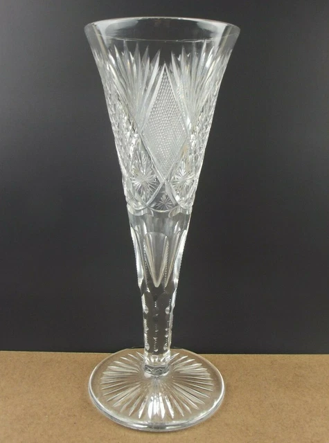 Large 18" American Brilliant Cut Glass Trumpet Vase Diamond Fan & Star   (!@@a6)