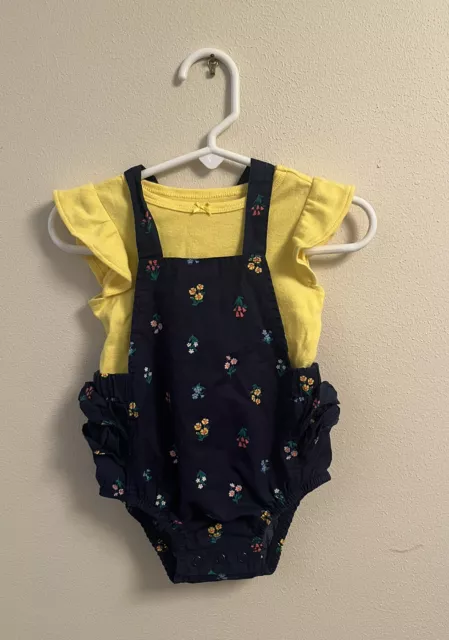 Carters Baby Girl 2 Piece Romper/Overall Set Navy Yellow Floral Size 6 Months