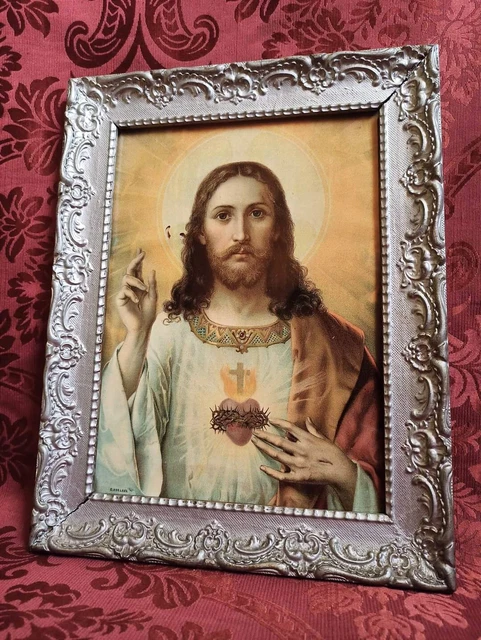 Antica Oleografia Stampa Sacro Cuore Di Gesù Dei Primi Del Novecento