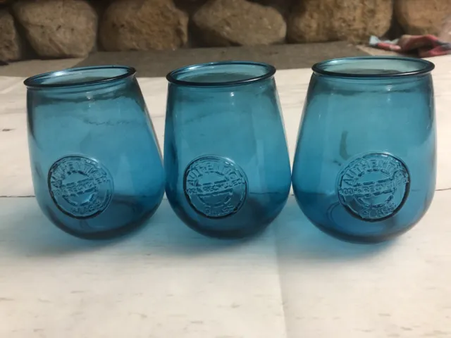 Set of 3 Blue San Miguel 100% Recycled Glass Tumbler/Stemless Wine Glass