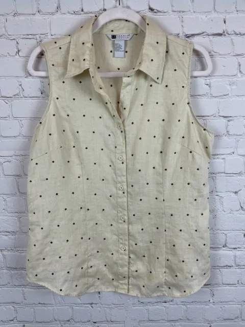 CAROLE LITTLE beige linen embroidered brown polka dot sleeveless top blouse M