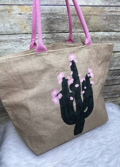 Francesca's Cactus Print Jute Straw Hemp XL Purse Shoulder Bag Tote