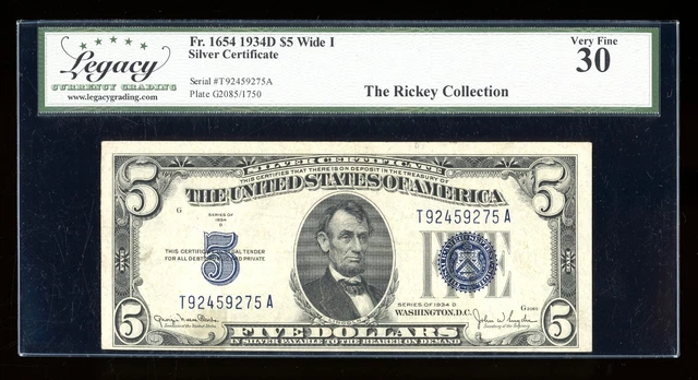 DBR 1934-D $5 Silver Fr. 1654Wi Wide I TA Block Legacy 30 Serial T92459275A
