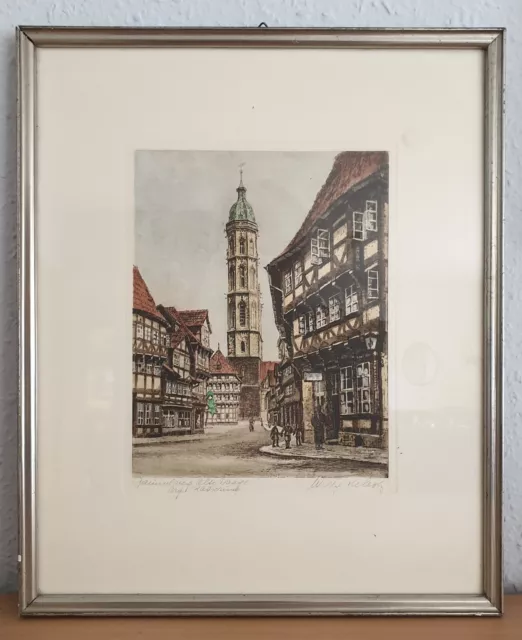 Braunschweig Alte Waage Original-Farb-Radierung von Willy Scholz