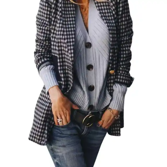 CABI Blue & White Checked Chambray Gingham Check Long Sleeve Classic Blazer SzS