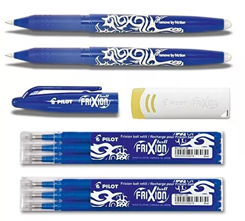 PILOT 2 x Tintenroller FRIXION BALL Blau + 6 Ersatzminen + Radierer Spar Set