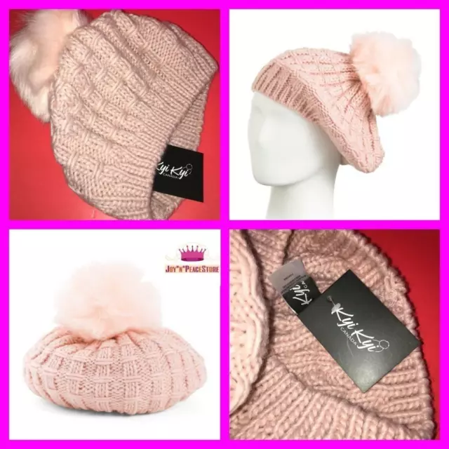 Women's Kyi Kyi Canada Chunky Knit Beret Pink Faux Fur Pom Knit Ski Beanie Hat