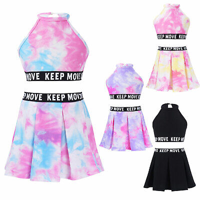 Kids Girls Tie Dye Print Sport Suit Crop Tops+Skirt Gym Tennis Dance Workout Set
