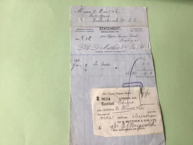 Mathew & Son Ltd Upper Thames Street 1911  Receipt Ref 49732