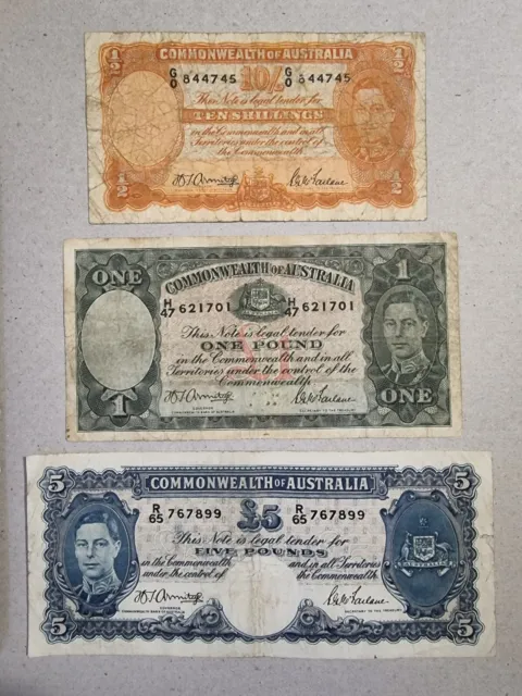 Australia 1942 Banknotes Set Of 3 - Armitage McFarlane 10/ & 1 & 5 Pounds