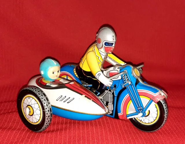 Altes Blechspielzeug Motorrad mit Beiwagen, Fahrer+Kind, Vintage Sammlung 3