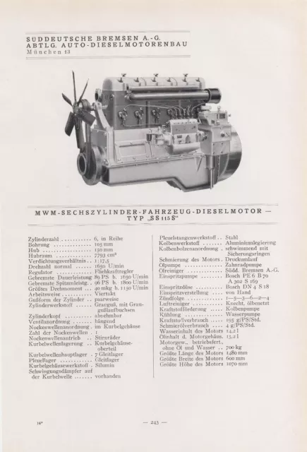 MÜNCHEN, Typentafel 1935, Süddeutsche Bremsen AG Abtl. Auto-Diesel-Motoren-Bau
