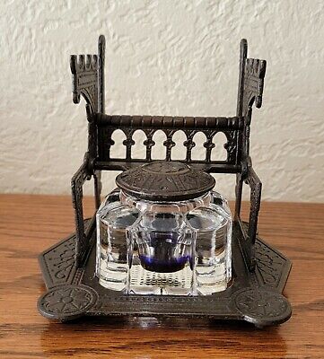 Antique Cast Iron Inkwell Pen Stand Dated 1879
