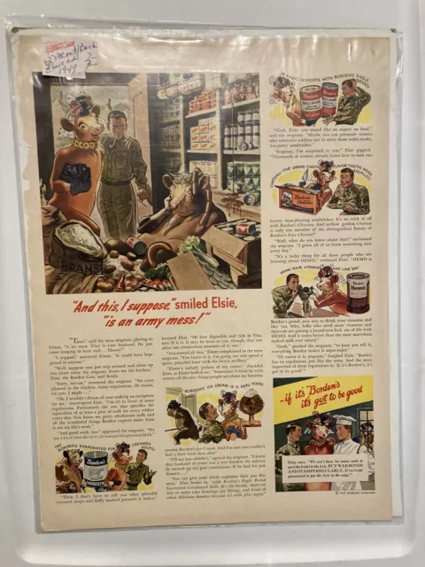 Lot of 2 Vintage 1947 BORDEN'S DAIRY ELSIE the COW & ELMER the Bull Magazine Ads