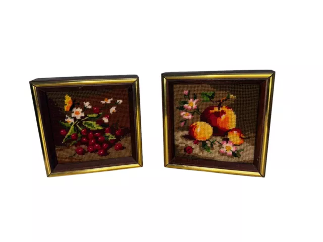 Vintage Needlepoint Fruit Gold Wood Frame Wall Art MCM Handmade Set Of 2