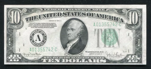 Fr.2009-A 1934 $10 Ten Dollars Frn Federal Reserve Note Boston, Ma Uncirculated