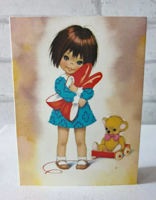 Vintage 1960's Little Girl Daddy's Slippers Teddy Birthday Greeting Card EB2498
