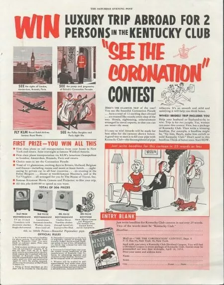 1953 Kentucky Club Tobacco Pipes Bob Barnes Cartoon Win Luxury Trip Print Ad