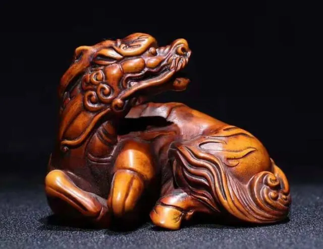Chinese Natural Boxwood Handmade Exquisite Dragon Horse Statue hand piece