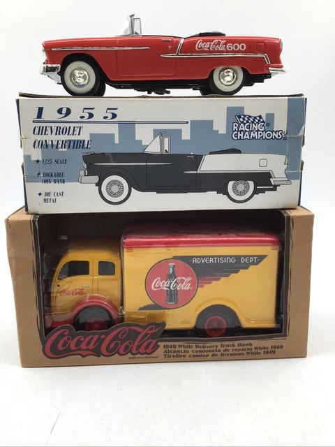 Coca-Cola Diecast Coin Banks 1955 Convertible and 1949 White Delivery Truck