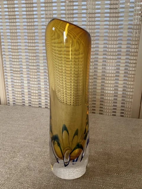 Signed Adam Jablonski Polish Amber Blue Torpedo Art Crystal Glass Vase 9.5" Tall
