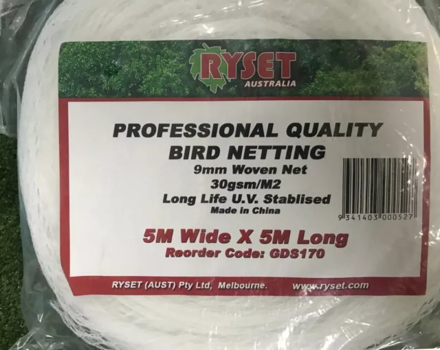 Ryset Proffesional Bird Netting – 5M X 5M (25Msq) White Gds170