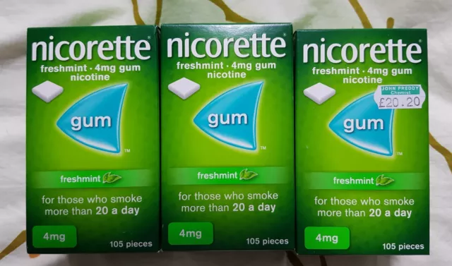 3 boxes of Nicorette Nicotine 4mg Gum. 315 pieces in total.