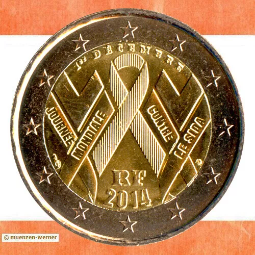 Sondermünzen Frankreich: 2 Euro Münze 2014 Welt-Aids-Tag Sondermünze Gedenkmünze