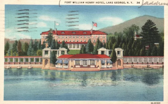 Vintage Postcard 1937 Fort William Henry Luxury Hotel Lake George New York  NY