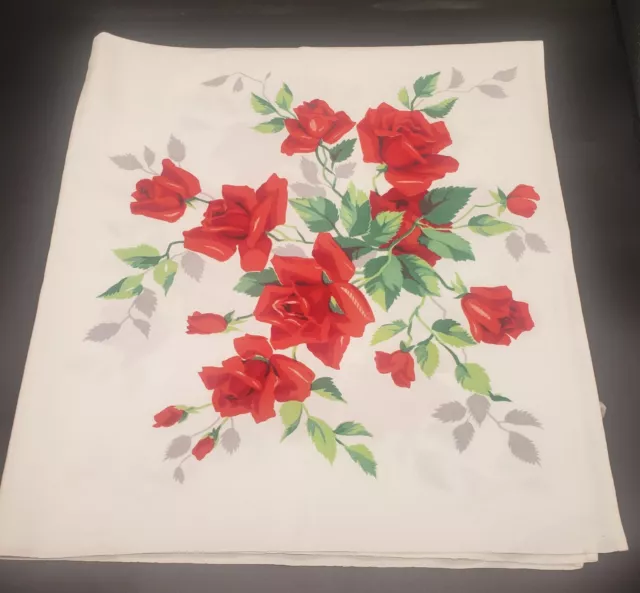 Vintage Mid Century 1950s Wilendur Red Royal Rose Textile Tablecloth 33" by 36" 2