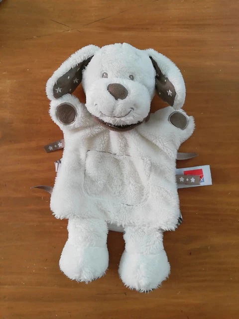 0/ Doudou Peluche INFLUX Cora Chien Marionnette Blanc Marron Étoile Étiquettes