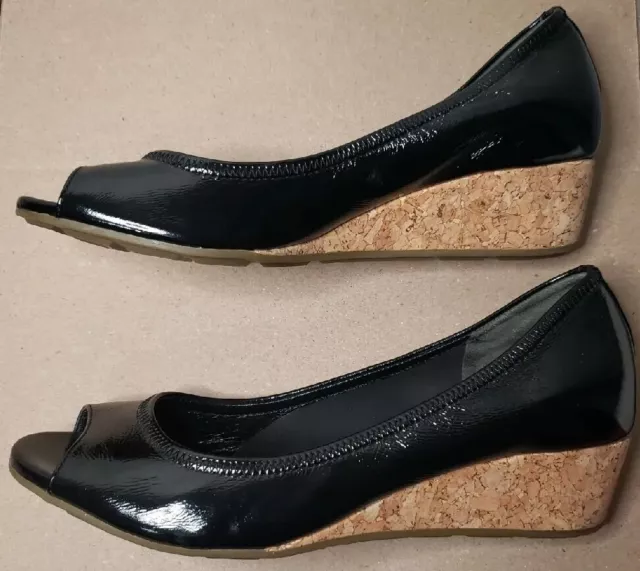 Cole Haan Women's Size 6 Air Tali Patent Leather Peep Toe Cork Wedge Pumps Black