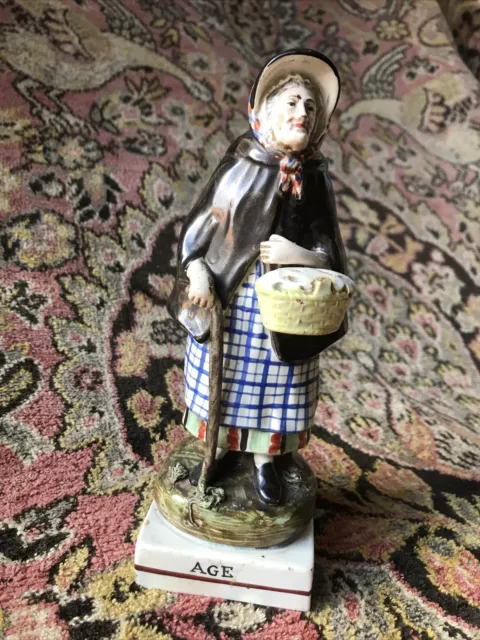 Antique 19th C. Staffordshire Figure- Old Age-Old Lady With A Stick - 20cm