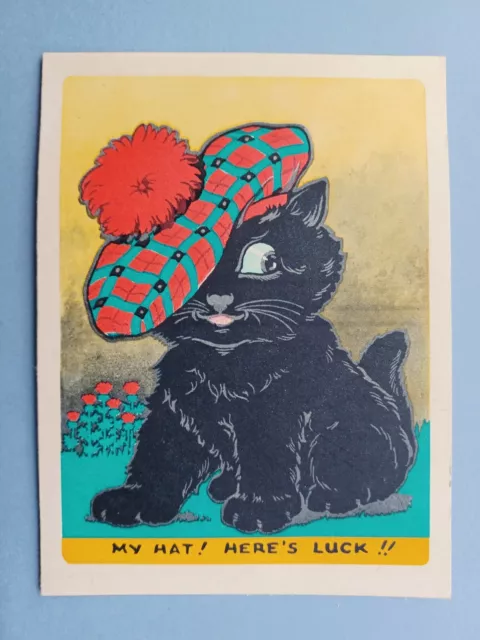 Sweet 1945 Christmas Card Black Cat In Tam O' Shanter Hat - Artist Drawn