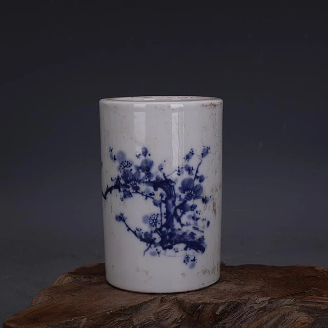 4.8" Antique Collect China Blue White Porcelain Plum Blossom Grain Brush Pot